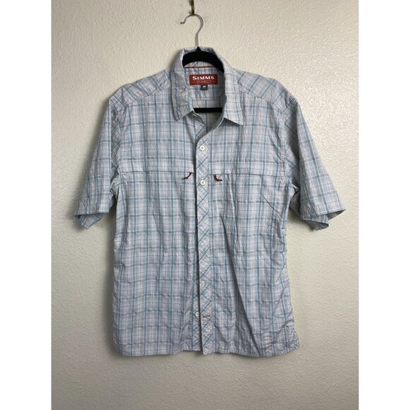 Simms Fishing Products Mens Short Sleeve Button Up Plaid Shirt size Medium Nylon - Picture 16 of 16